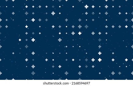 Seamless background pattern of evenly spaced white quatrefoil symbols of different sizes and opacity. Vector illustration on dark blue background with stars