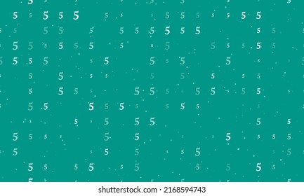 Seamless background pattern of evenly spaced white number five symbols of different sizes and opacity. Vector illustration on teal background with stars