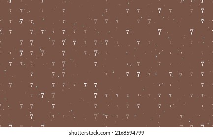 Seamless background pattern of evenly spaced white number seven symbols of different sizes and opacity. Vector illustration on brown background with stars
