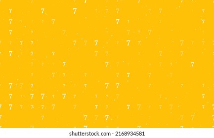 Seamless background pattern of evenly spaced white number seven symbols of different sizes and opacity. Vector illustration on amber background with stars