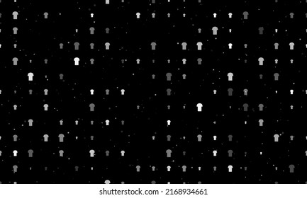 Seamless background pattern of evenly spaced white t-shirt symbols of different sizes and opacity. Vector illustration on black background with stars