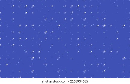 Seamless background pattern of evenly spaced white satellite symbols of different sizes and opacity. Vector illustration on indigo background with stars
