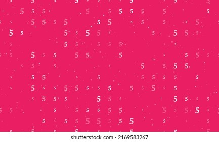 Seamless background pattern of evenly spaced white number five symbols of different sizes and opacity. Vector illustration on pink background with stars