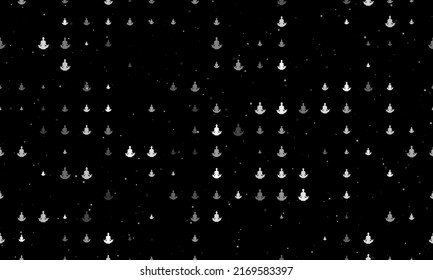 Seamless background pattern of evenly spaced white yoga symbols of different sizes and opacity. Vector illustration on black background with stars