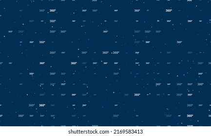 Seamless background pattern of evenly spaced white 360 degree symbols of different sizes and opacity. Vector illustration on dark blue background with stars