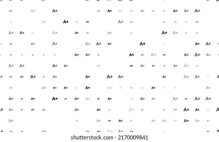 Seamless background pattern of evenly spaced black A plus symbols of different sizes and opacity. Vector illustration on white background