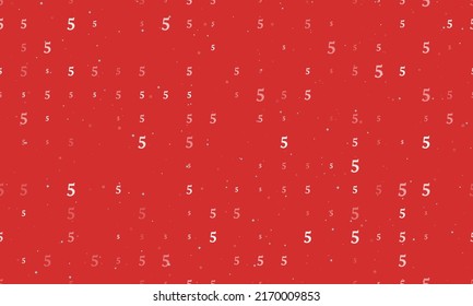 Seamless background pattern of evenly spaced white number five symbols of different sizes and opacity. Vector illustration on red background with stars