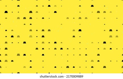 Seamless background pattern of evenly spaced black trapezoid symbols of different sizes and opacity. Vector illustration on yellow background with stars