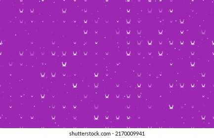 Seamless background pattern of evenly spaced white yoga hammock symbols of different sizes and opacity. Vector illustration on purple background with stars