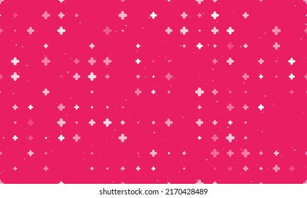 Seamless background pattern of evenly spaced white quatrefoil symbols of different sizes and opacity. Vector illustration on pink background with stars