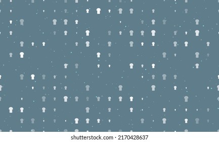 Seamless background pattern of evenly spaced white t-shirt symbols of different sizes and opacity. Vector illustration on blue gray background with stars