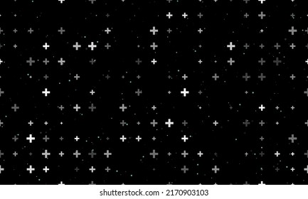 Seamless background pattern of evenly spaced white plus symbols of different sizes and opacity. Vector illustration on black background with stars