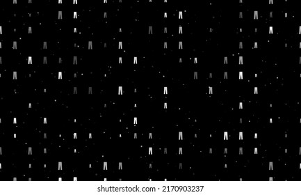Seamless background pattern of evenly spaced white pants symbols of different sizes and opacity. Vector illustration on black background with stars