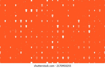 Seamless background pattern of evenly spaced white t-shirt symbols of different sizes and opacity. Vector illustration on deep orange background with stars