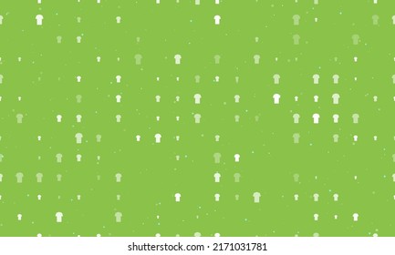 Seamless background pattern of evenly spaced white t-shirt symbols of different sizes and opacity. Vector illustration on light green background with stars