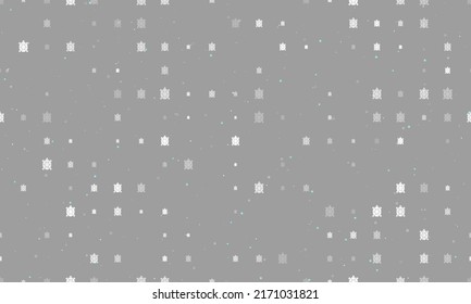 Seamless background pattern of evenly spaced white turtle symbols of different sizes and opacity. Vector illustration on grey background with stars