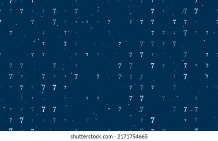 Seamless background pattern of evenly spaced white number seven symbols of different sizes and opacity. Vector illustration on dark blue background with stars