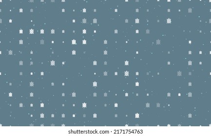 Seamless background pattern of evenly spaced white turtle symbols of different sizes and opacity. Vector illustration on blue grey background with stars