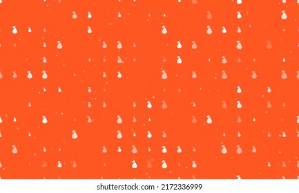 Seamless background pattern of evenly spaced white pear symbols of different sizes and opacity. Vector illustration on deep orange background with stars