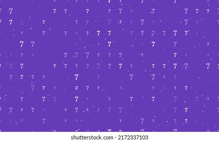 Seamless background pattern of evenly spaced white number seven symbols of different sizes and opacity. Vector illustration on deep purple background with stars