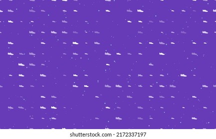 Seamless background pattern of evenly spaced white football boot symbols of different sizes and opacity. Vector illustration on deep purple background with stars