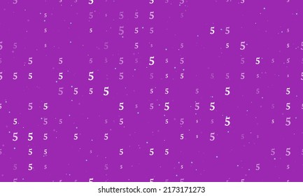 Seamless background pattern of evenly spaced white number five symbols of different sizes and opacity. Vector illustration on purple background with stars