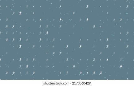 Seamless background pattern of evenly spaced white running woman symbols of different sizes and opacity. Vector illustration on blue grey background with stars