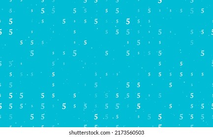 Seamless background pattern of evenly spaced white number five symbols of different sizes and opacity. Vector illustration on cyan background with stars