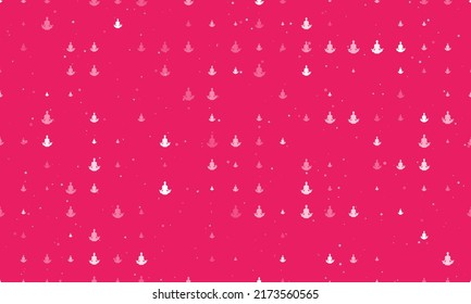 Seamless background pattern of evenly spaced white yoga symbols of different sizes and opacity. Vector illustration on pink background with stars