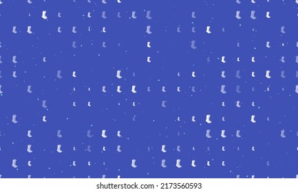 Seamless background pattern of evenly spaced white socks symbols of different sizes and opacity. Vector illustration on indigo background with stars