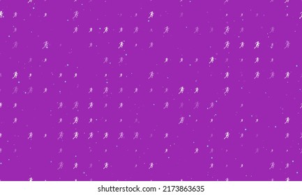 Seamless background pattern of evenly spaced white running woman symbols of different sizes and opacity. Vector illustration on purple background with stars