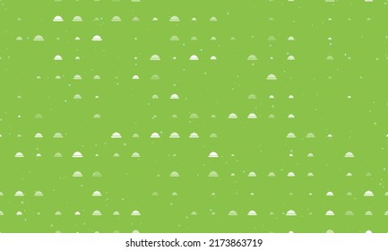 Seamless background pattern of evenly spaced white cloche symbols of different sizes and opacity. Vector illustration on light green background with stars