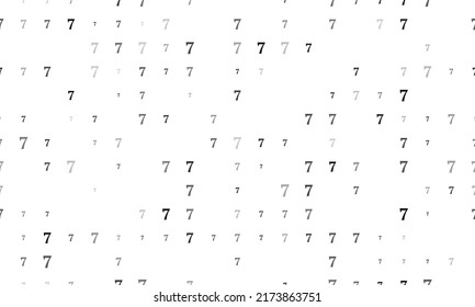 Seamless background pattern of evenly spaced black number seven symbols of different sizes and opacity. Vector illustration on white background