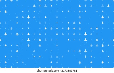 Seamless background pattern of evenly spaced white yoga symbols of different sizes and opacity. Vector illustration on blue background with stars