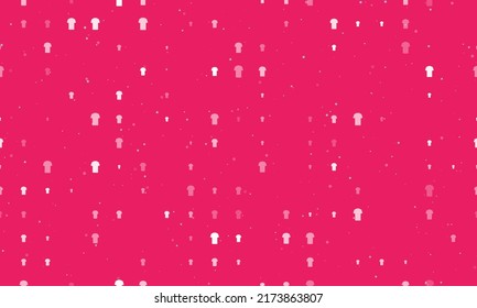 Seamless background pattern of evenly spaced white t-shirt symbols of different sizes and opacity. Vector illustration on pink background with stars