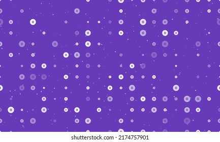 Seamless background pattern of evenly spaced white pause symbols of different sizes and opacity. Vector illustration on deep purple background with stars