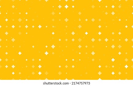 Seamless background pattern of evenly spaced white quatrefoil symbols of different sizes and opacity. Vector illustration on amber background with stars