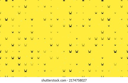 Seamless background pattern of evenly spaced black yoga hammock symbols of different sizes and opacity. Vector illustration on yellow background with stars