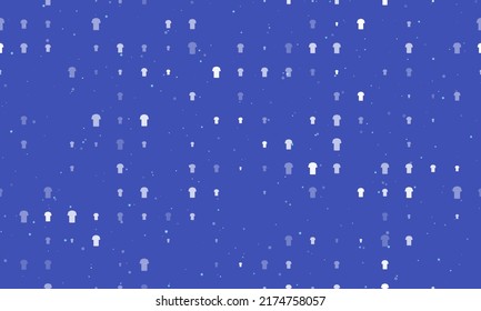 Seamless background pattern of evenly spaced white t-shirt symbols of different sizes and opacity. Vector illustration on indigo background with stars