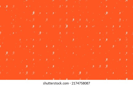 Seamless background pattern of evenly spaced white running woman symbols of different sizes and opacity. Vector illustration on deep orange background with stars