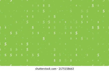 Seamless background pattern of evenly spaced white number five symbols of different sizes and opacity. Vector illustration on light green background with stars