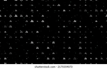 Seamless background pattern of evenly spaced white group symbols of different sizes and opacity. Vector illustration on black background with stars