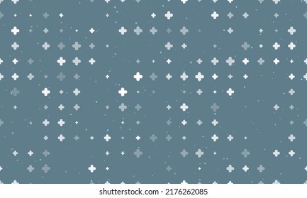 Seamless background pattern of evenly spaced white quatrefoil symbols of different sizes and opacity. Vector illustration on blue gray background with stars