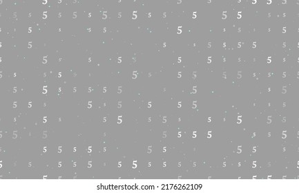 Seamless background pattern of evenly spaced white number five symbols of different sizes and opacity. Vector illustration on gray background with stars