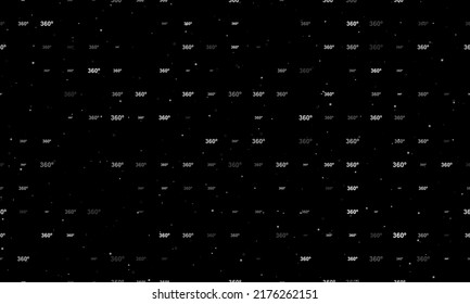 Seamless background pattern of evenly spaced white 360 degree symbols of different sizes and opacity. Vector illustration on black background with stars