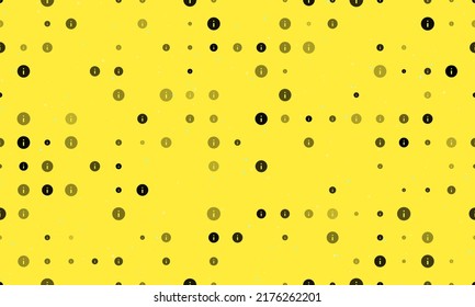 Seamless background pattern of evenly spaced black info symbols of different sizes and opacity. Vector illustration on yellow background with stars