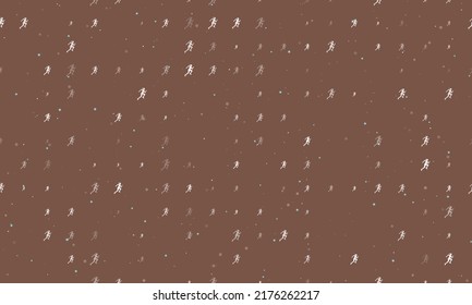 Seamless background pattern of evenly spaced white running woman symbols of different sizes and opacity. Vector illustration on brown background with stars