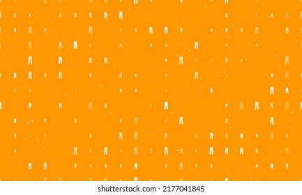 Seamless background pattern of evenly spaced white pants symbols of different sizes and opacity. Vector illustration on orange background with stars