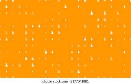 Seamless background pattern of evenly spaced white pear symbols of different sizes and opacity. Vector illustration on orange background with stars