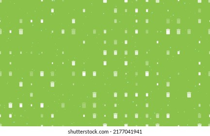 Seamless background pattern of evenly spaced white trash symbols of different sizes and opacity. Vector illustration on light green background with stars